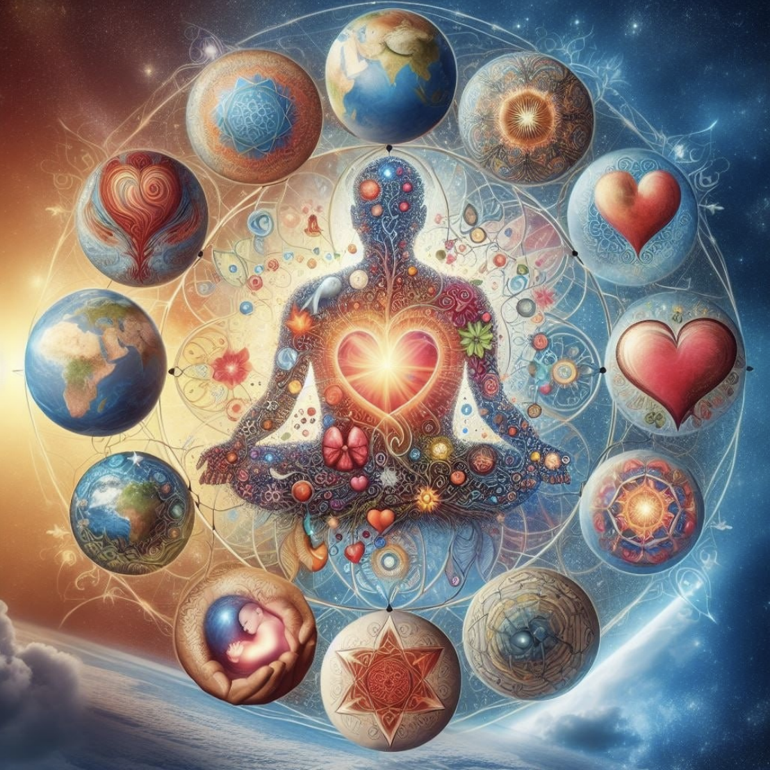 Eine symbolische, farbenfrohe Darstellung eines Menschen in Meditationshaltung mit einem strahlenden Herzen im Zentrum. Umgeben ist die Figur von kreisförmig angeordneten Elementen, darunter planetenähnliche Erdkugeln, Herz-Symbole, florale Muster und ein Embryo in schützenden Händen. Der Hintergrund zeigt Tag und Nacht, Himmel und Universum – als Ausdruck für Liebe, Ganzheit und spirituelle Verbundenheit.